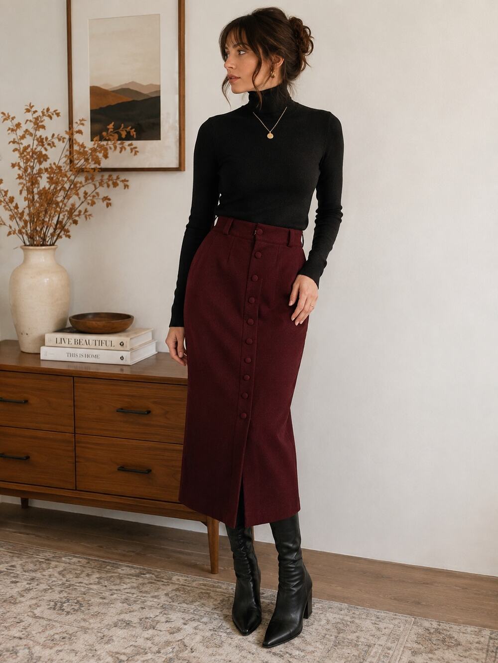 Vintage Rust Wool Midi Skirt | Button Front High Waist | 90s Minimalist ✨